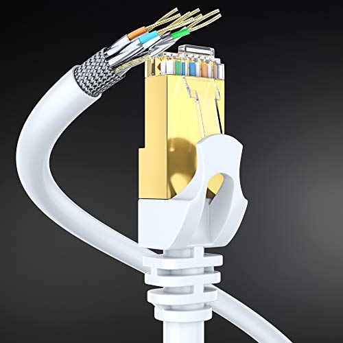 Кабел Cat 7 Ethernet с дължина 1 метър - кабел за високоскоростен Интернет и локална мрежа, конектори RJ - 45 [1 фут / Бял / 2]