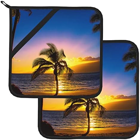Хавайски Плаж кухненски ръкавици Комплект от 2 Прихваток с размери 8 х 8 Инча, Топлоустойчиви, Нескользящие за Кухня, Готвене, Печене, Може да се Пере в микровълнова ф