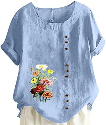 Блуза-риза за Момичета 2023 Година, Лен Памук Топ с Кръгло Деколте и Цветен Модел Маргаритки, Топ за Късна Закуска Размер Плюс B7