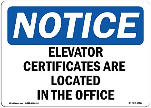 Табела с информация OSHA - Сертификати на асансьори са В офиса | Алуминиева плоча | Защитете вашия бизнес, Работна площадка, склад и магазин
