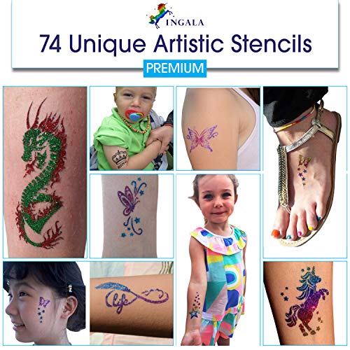 Набор от блестящи татуировки INGALA PREMIUM за момчета и момичета | Уникални Професионални блестящи татуировки за деца и възрастни | 74 Красивите шаблон за блестящи татуир