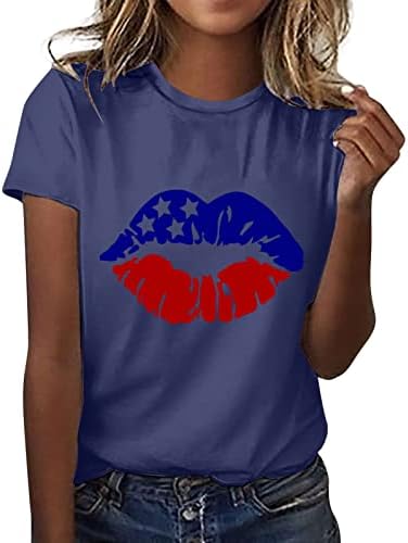 Блузи с имитация на шията за Жени, Риза Ден на Независимостта, Женски Графични Тениски за Жени, в началото на с кръгло деколте и Къс Ръкав, Тениска за Устни
