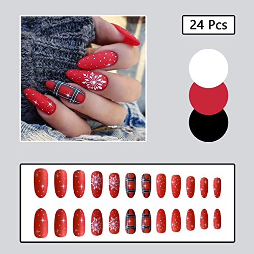 Коледен натиснете върху ноктите, миндально-червена снежинка, изискан дизайн, акрил за френски лепило за нокти за жени, режийни ноктите 24 бр.