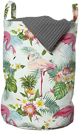 Чанта за дрехи Ambesonne Flamingo, Пресни Екзотични Листа и цветя, от дивата Фауна на Тропическите гори, Климатът на Острова, Кошница за дрехи с дръжки, Закрывающаяся на шнур