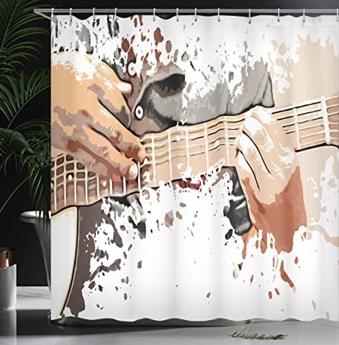 Завеса за душ Ambesonne в стила на рок-енд-Рол, на Сцената, Която изобразява мъж, Играющего на Китара, Текстилен Комплект за вашия интериор, Баня с куки, 69 W x 70Д, Бяла гама ц