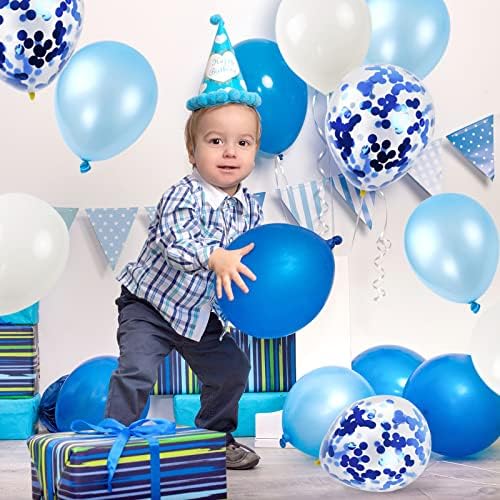 RUBFAC 100шт 12 Инча Кралски Сини балони, Кралски Сини Балони с Конфети Светло Сини Детски Сини и Бели балони за Момчетата на Рожден