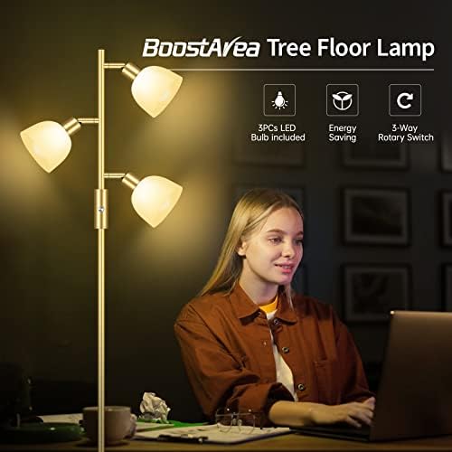 Под лампа BoostArea, Стоящ лампа, Златна Торшерный лампа с 3 Регулируеми Въртящи се лампи, 3-позиционен ключ, 3 Бр. Led лампа E12 мощност
