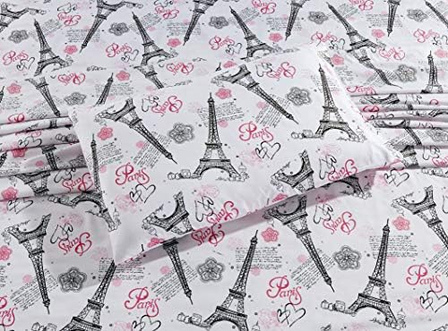 Най-добрият Домашен Стил на Париж-Айфеловата кула Bonjour със Сърца и цветя-Комплект спално бельо за момичета/деца /юноши с Плосък