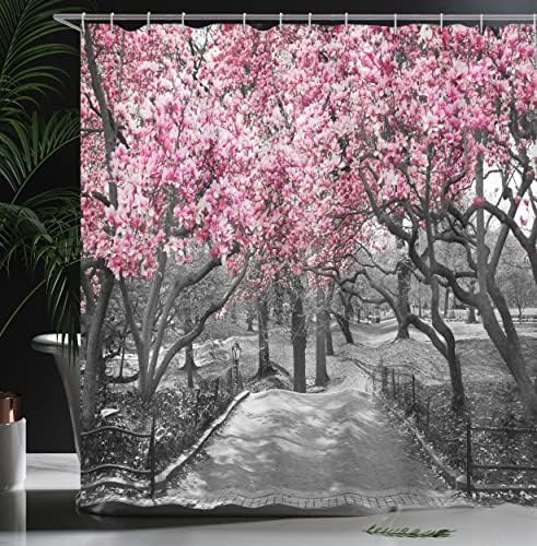 Завеса за душ Ambesonne, Ню Йорк, Пролетен пейзаж с цветя в Сентръл парк, Череша дървета в гората, Текстилен Комплект за вашия интериор, Баня с куки, 69 W x 70Д, виолетово-сив