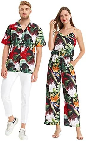 Подходяща двойка Хавайска риза Luau или Гащеризон с V-образно деколте и джобове в тропически здрач