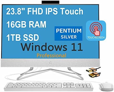 Настолен компютър HP 24 Всичко в едно със сензорен екран с 23,8FHD IPS 72% NTSC Intel 4-Ядрен процесор Pentium Silver J5040 16 GB оперативна памет, 1 TB SSD Intel UHD Graphics 605 Уеб камера Win11Pro White + HDMI каб