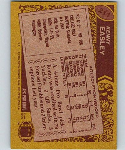 1986 Topps Football 211 Кени Исли Seattle Seahawks Официалната търговска картичка NFL (Използва се снимка с източване - Центровка варира,