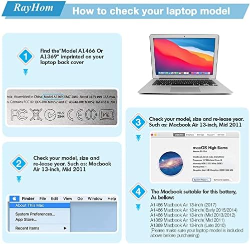 RayHom A1466 Взаимозаменяеми батерия за MacBook Air 13 инча A1466 (средата на 2012, в средата на 2013, началото на 2014, стартира 2015,2017) A1369 (края на 2010 г., в средата на 2011-версия) Висока прои