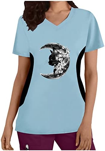 Scrubs_Tops за Жени, Тениска с V-Образно деколте и къс ръкав с принтом Котки Луната, Модни Дамски ризи с Къс ръкав