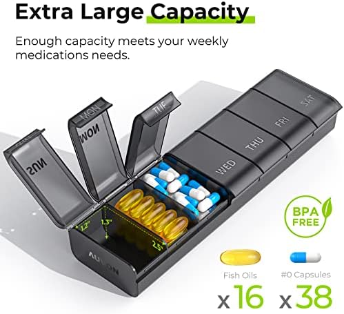 AUVON XL Черен Седмичен органайзер за таблетки с подобрени отворен дизайн, кутия за хапчета без бисфенол А на 7 дни за защита