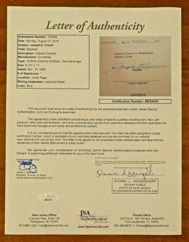 Договор съдия 1969 г., подписан от Джо Кронином с Пълния текст на писмото JSA - MLB Cut Signatures