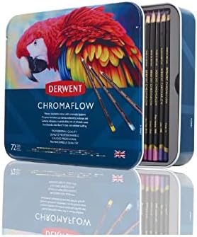 Цветни моливи Derwent Chromaflow 72 Купа, в сърцевината на ширина 4 мм, Многоцветни, с гладка текстура, Комплект моливи Derwent Blender & Burnisher,