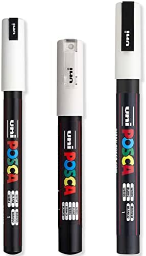 Posca - Набор от маркери химикалки Ultra Fine за фина colorization - PC-1MR, PC-1M, PC-3M - Бяло мастило - Опаковка от 3