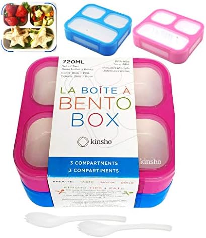 Комплект от 2 кутии за Bento за деца | Обяд-бокс за малки момчета и момичета в училище или детска градина | 3 Отделения (синьо, розово)