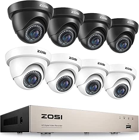 Система от камери за сигурност ZOSI, 8-канален HD-TVI видеорекордер H. 265 + 5MP Lite Lite и 8 бр куполни камери за видеонаблюдение 1080P HD 1920TVL за вътрешно и външно наблюдение с нощно