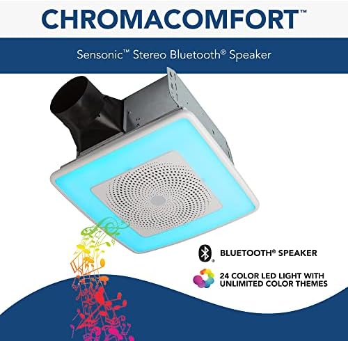 Вентилатор Broan-NuTone SPK110RGBL ChromaComfort за баня с Bluetooth-високоговорител Sensonic и led подсветка, Бял и комплект