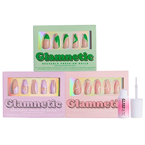Glamnetic Press On Nails - Колекция Soo Retro с Четка За нанасяне на лепило за нокти | Groovy Green, Purple Power и Пинк