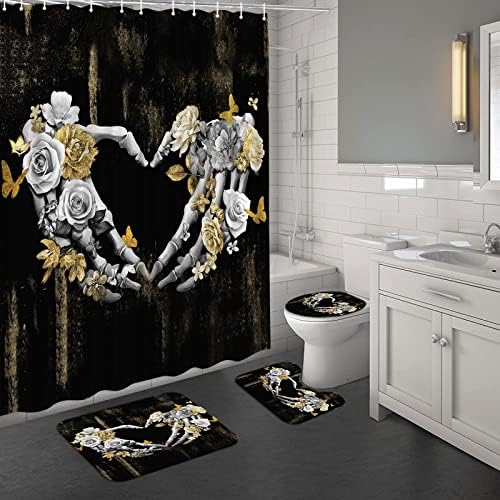 Набор от завеса за душ с черепа AtGoWac, Черно-златната Завеса За Душ, Комплект Декор за Баня в готически стил (Черно-златен)