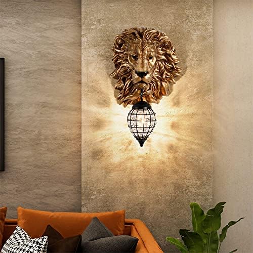 Стенен Лампа във формата на Лъв От Смола, монтиран на стената Фенер с Черен Каплевидным Абажуром, Скоба за осветителни Тела,