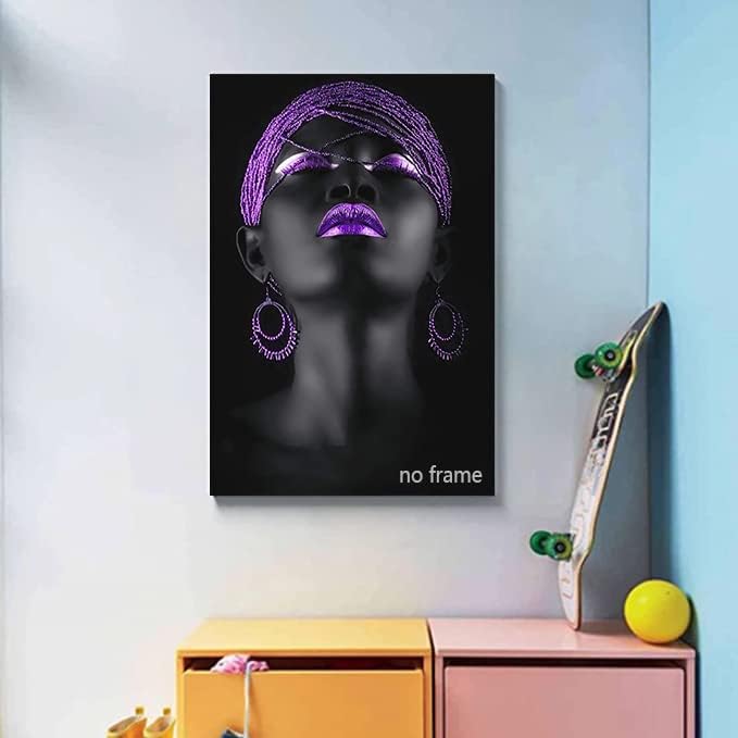Xuxwhwy Афроамериканский Плакат Лилави Обеци, Колие Черна Красиво Момиче Отпечатъци върху Платно Стенни Художествени Картини за Хола Спалня на Картини с маслени бои,