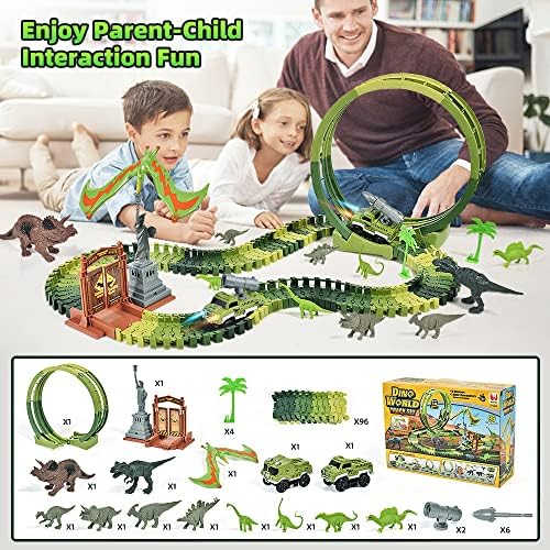 WAIIW 2023 Обновен състезателна писта с играчки-динозаври, песен за влаковете на динозаврите с 10 фигурки на Динозаври, Балансиращ