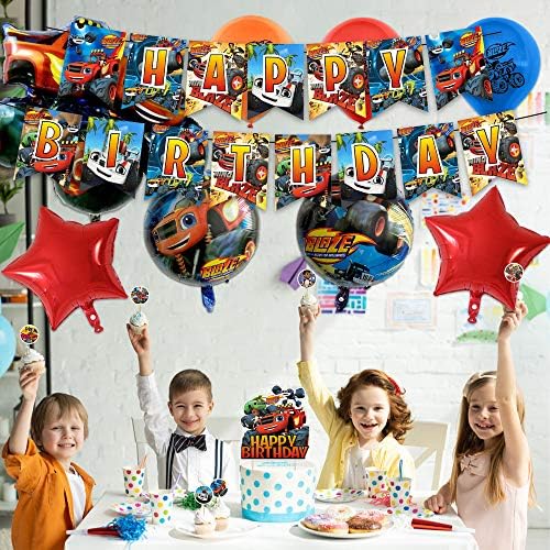 37 Бр. Украса за парти в чест на рождения Ден на Блейз и машина-чудовище, Определени за партита за деца с 1 Венец-банер Happy birthday, 12 Топперов за кифли, 5 балони от фолио, 18 ?