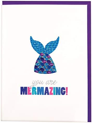 крем цветна поздравителна картичка You are Mermazing с подвижни стикер във формата на русалка с кристали и плик
