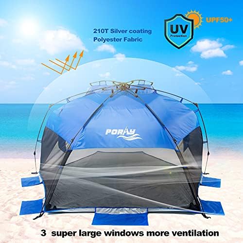 Лесно сгъваема плажна палатка, Луксозен сенника Privacy за семейни и спортни дейности, SPF 50+, Големи вентилационни прозорци и джобове за съхранение с тояги
