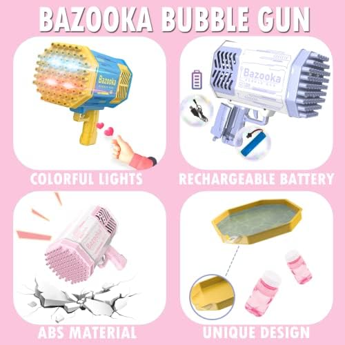 Пистолет-картечница Bazooka Bubble, 69 Дупки Ракета Пистолет Bubble с Цветни Светлини за момчета и Момичета на Възраст 3 4 5 6 7 8 9 10 11 12 Години, Балон Базука за Лятна Сватба, Рожде?