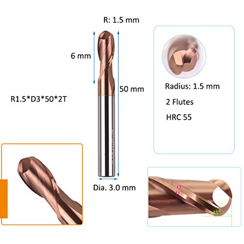 3 предмета - Бележка fresa с шариковым фитил радиус от 1,5 мм, диаметър на опашка 3,0 мм и дължина 50 мм, износостойкая