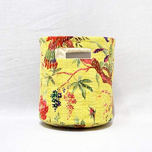 Жива Кръгла Сгъваема кошница за багаж от холщовой тъкан Kantha с флорални принтом и двойни дръжки (жълто канарче, 10 X 10)