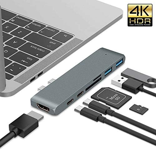 7 в 1 C USB Хъб USB 3.1 Type C Адаптер за Зарядно устройство за четене на карти 4K, HDMI За MacBook Pro (Сив)
