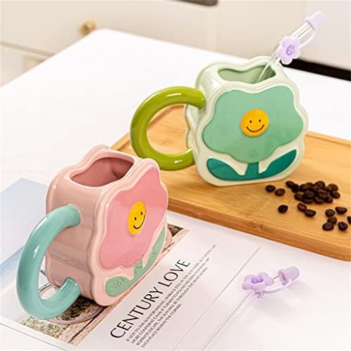 SDFGH Керамична чаша във формата на цвете, Офис Кафеена Чаша за момичета, Детски Домашна Слама Двойка на закуска, Чаша за вода (Цвят: