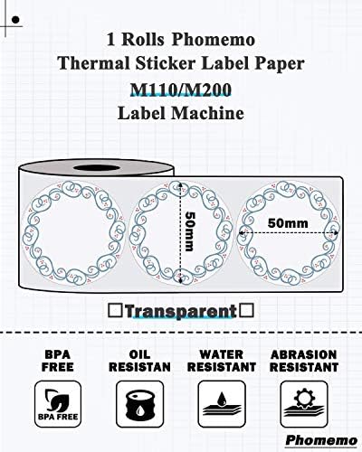 Хартия за етикети M200, Хартия за принтер Phomemo за производител на етикети M200, Кръгла Прозрачна Залепваща етикет, 1 7/8 x 1 7/8