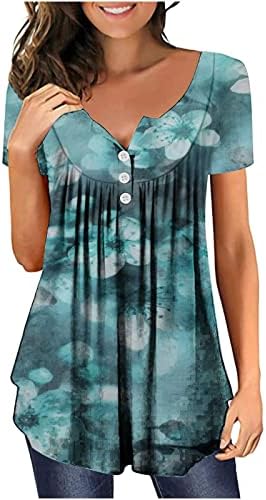 Есенно-Лятна Блуза-Риза с Копчета за Жени 2023, Памучен Тениска с Кръгло Деколте и Цветен Модел, Плиссированная Тениска