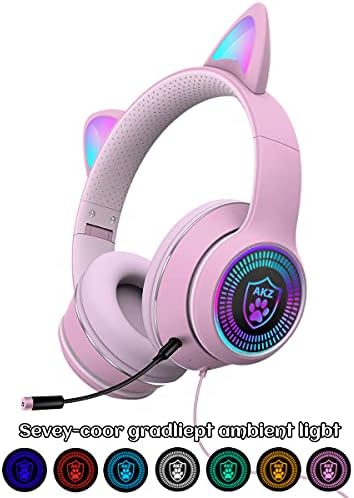 Слот Слушалки с кошачьими уши с Подвижен микрофон, Мигащи RGB-led, Светещи стерео слушалки, 7.1 Пространствен Стереофоничен Съраунд звук, Слушалки над Ухото, за PC, Xbox One X