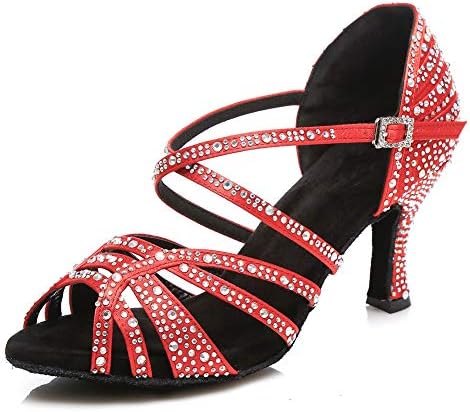 HIPPOSEUS/Дамски Обувки за латино Танци балната зала с кристали, Модерни Вечерни Обувки за Танго и Салса, Ток 8,5 см, Модел CY356, Червено, 7 B (M) САЩ