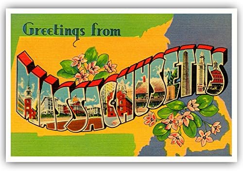 ЗДРАВЕЙТЕ От Масачузетс, ретро репринтный набор от пощенски картички от 20 еднакви картички. Пакет пощенски картички с името на щата на САЩ с големи букви (около 1930-19