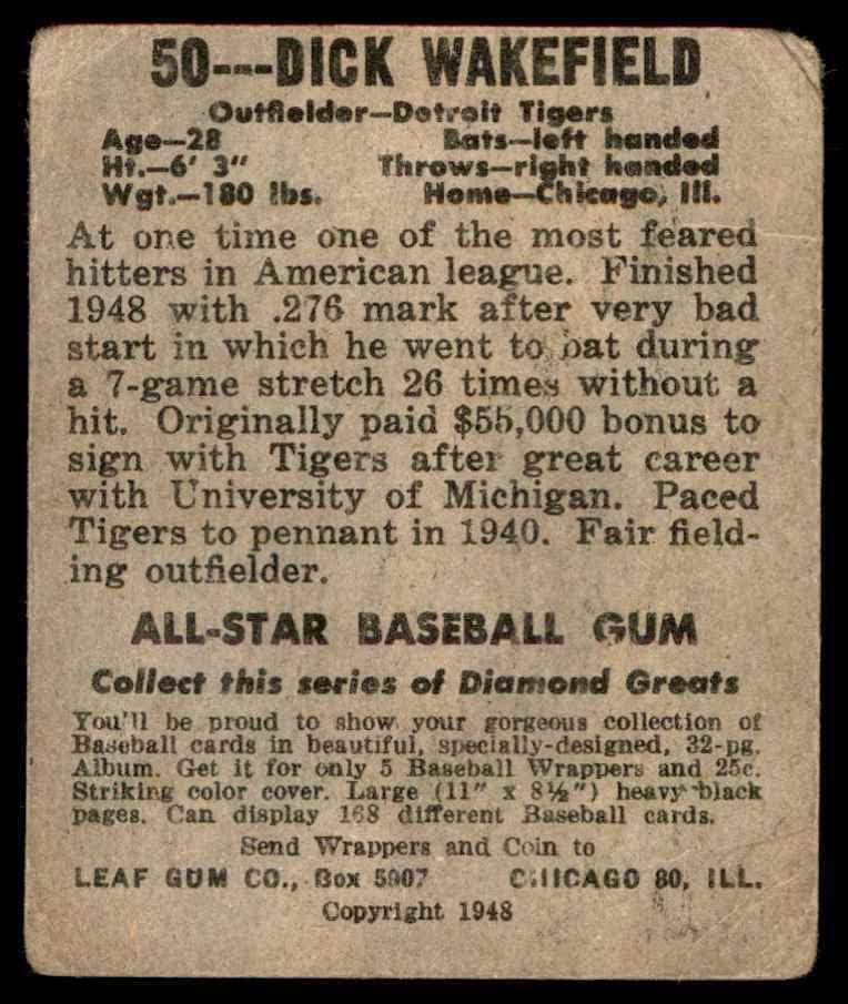 1948 Лист № 50 Дик Уейкфийлд Детройт Тайгърс (Бейзболна картичка) ДОБРИ тигри