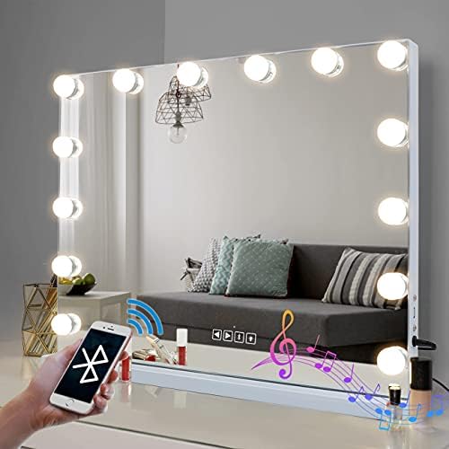 Тоалетен огледало Fenair Hollywood с подсветка на Bluetooth, Огледало за Грим с подсветка, 14 Крушки, 3 Цвята осветление, с Регулируема