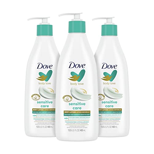 Лосион за тяло Dove Body Love Sensitive Care в опаковка от 3 броя Успокоява Чувствителната кожа Хипоалергичен лосион с Восстанавливающей керамидной серум 13,5 грама