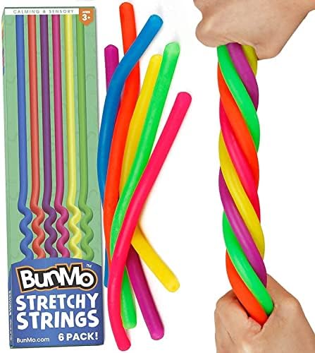BUNMO Stretchy Sensory Toys Супер Пакет - 6 Оригинални Еластични корди и 6 Текстурирани играчки-непосед (12 струни)