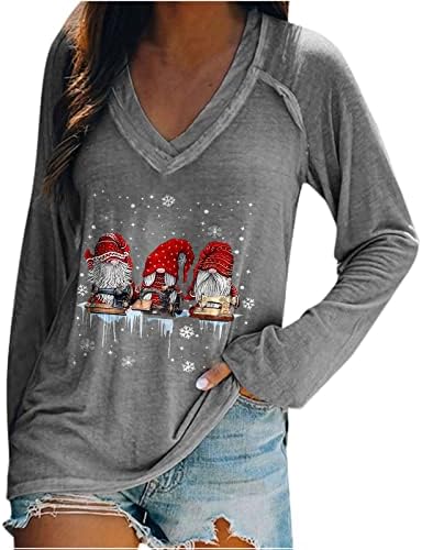 Дамска Тениска с дълъг ръкав и V-образно деколте, Модерен Случайни Пуловер с Принтом Елфи, Коледни Класически Блузи, Потници