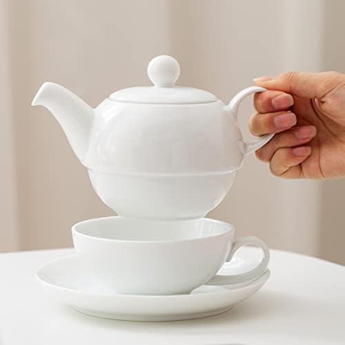 B SEPOR Индивидуален Чай от бял порцелан от висок клас, Обслужване на едно, Керамичен чайник обем 17 мл с приготвяне на чай, чаша с обем 7 мл и блюдцем диаметър 6,75 инча, Ча?