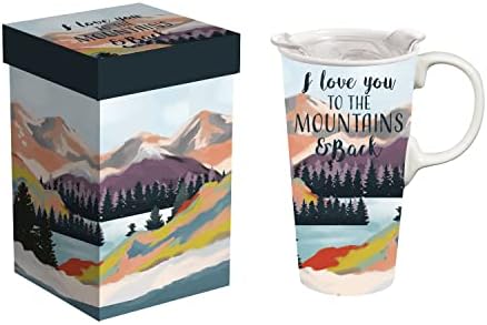 Керамични пътна чаша Евъргрийн, 17 грама, с капак от кутия, обичам те в планините